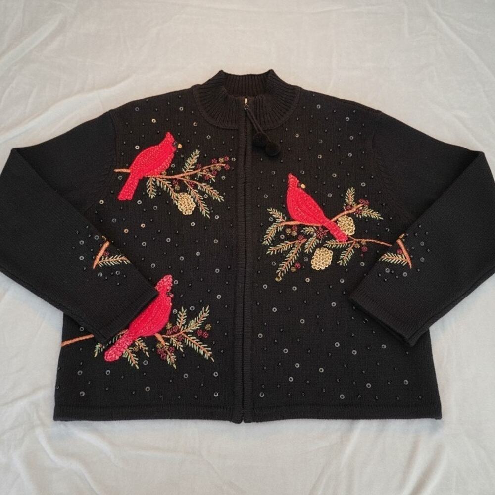 Heirloom Collectibles Petite Large Black Full-Zip Embroidered Beaded Cardigan